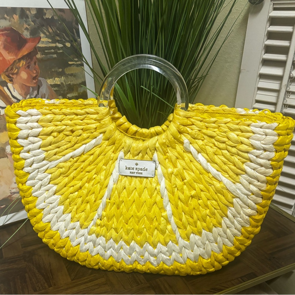 kate spade Yellow & White Lemon Straw Tote with Acrylic Handles